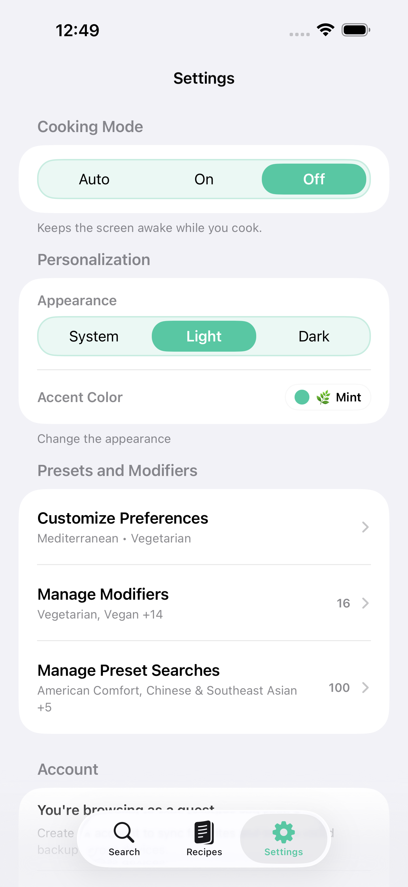 Recipe Store Settings